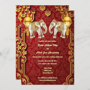 Invitation Eléphants indiens lanternes d'or bordeaux hindi ch