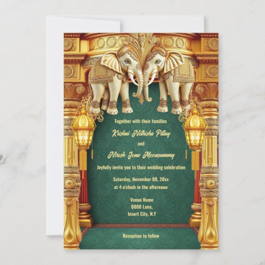 Invitation Eléphants indiens lanternes vert or luxueux (Devant)