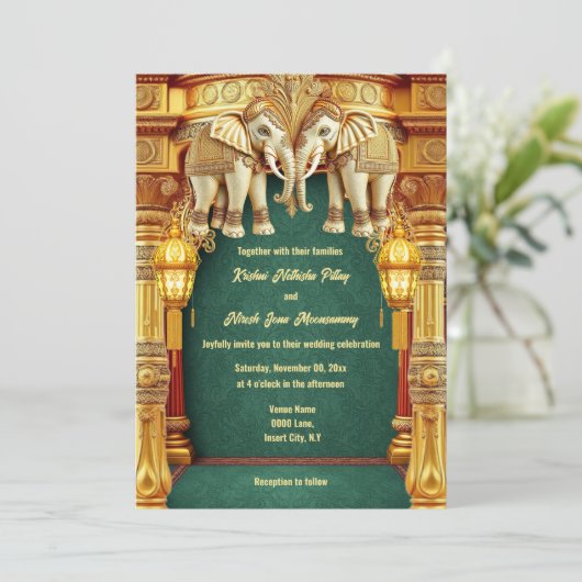 Invitation Eléphants indiens lanternes vert or luxueux (Debout devant)