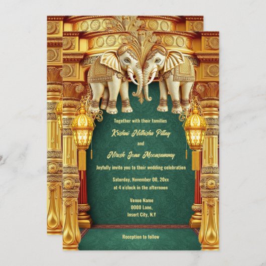 Invitation Eléphants indiens lanternes vert or luxueux (Devant / Derrière)