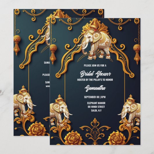 Invitation éléphants indiens marine or royal décoratif hindu (Devant / Derrière)