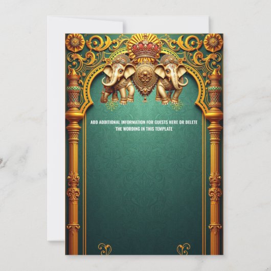 Invitation Eléphants indiens royal turquoise or couples douch (Dos)
