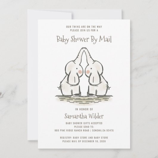 Invitation Eléphants Jumeaux Cute Baby shower Par Mail (Devant)
