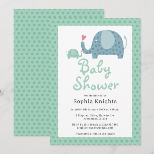 Invitation Éléphants Mignons à Points Baby Shower / Sprinkle (Devant / Derrière)