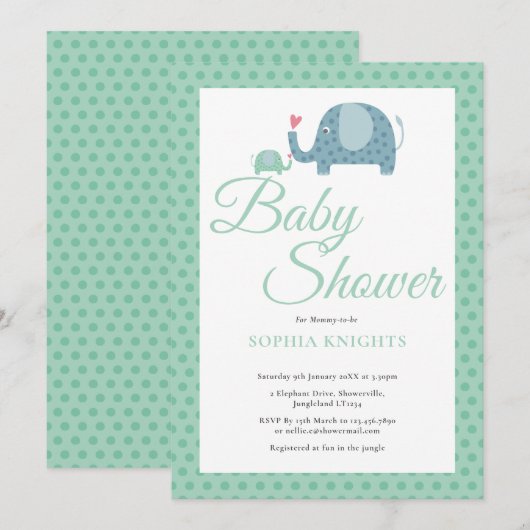 Invitation Éléphants Mignons à Points Bébé / Sprinkle (Devant / Derrière)