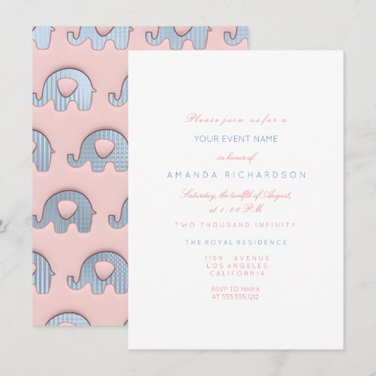 Invitation Eléphants rose Pastel Bleu Baby shower Blanc (Devant / Derrière)