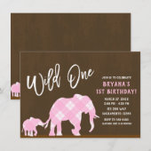 Invitation Eléphants roses Brown Moderne SAUVAGE UN 1ER anniv (Devant / Derrière)