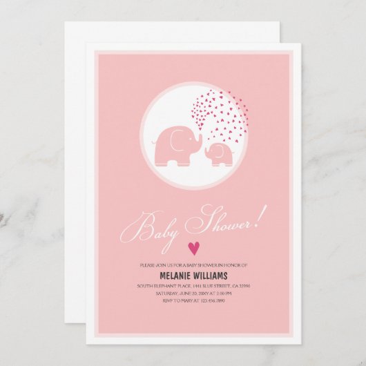 Invitation Eléphants roses élégants Baby Girl Douche Invitati (Devant / Derrière)
