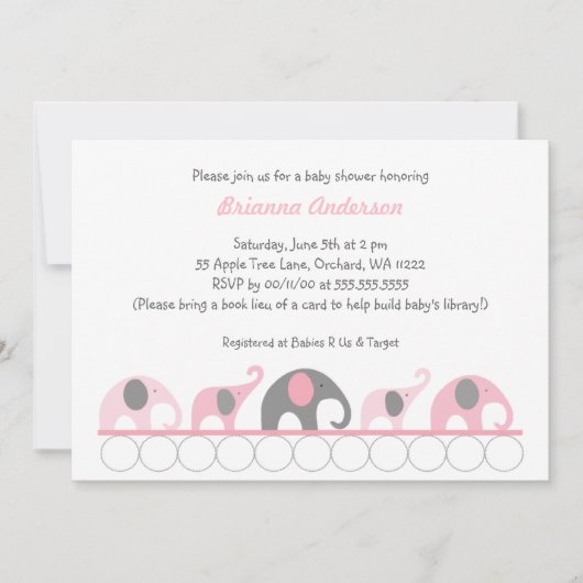 Invitation Éléphants roses et gris sur l'invitation de baby (Devant)