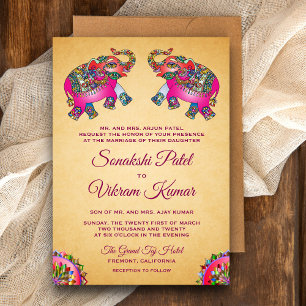 Invitation Éléphants roses ethniques vibrants Mariage indien