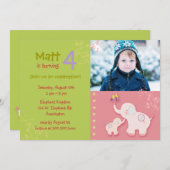 Invitation Eléphants roses Photo Anniversaire (Devant / Derrière)