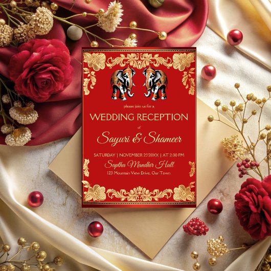 Invitation Éléphants rouges et dorés réception de mariage ind