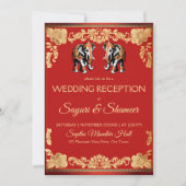 Invitation Éléphants rouges et dorés réception de mariage ind (Devant)