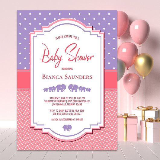 Invitation Eléphants violets et Baby shower à points polka