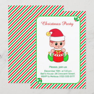 Invitation Elfe mignon sur une fête de Noël verte à rayures r