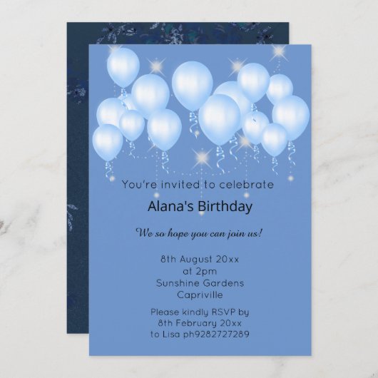 Invitation ELGANT NAVY MODERN SPRINTEMPS BALLON Étincelle (Devant / Derrière)