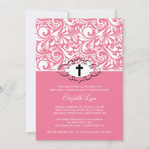Invitation Élimination de la première communion rose Damask
