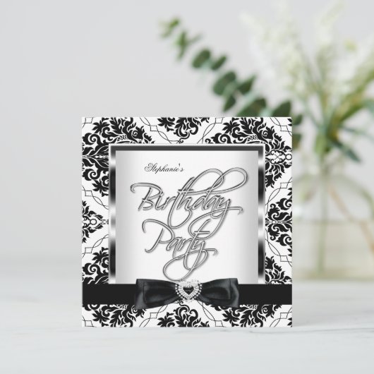 Invitation Elite Damask Silver Black White Anniversaire Party (Debout devant)