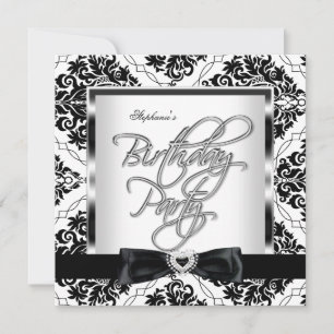 Invitation Élite Damassé Argent Noir Blanc Fête d'anniversair
