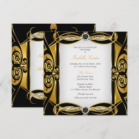 Invitation Élite Deco Perle noire dorée blanche Fête d'annive (Devant / Derrière)