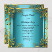 Invitation Elite Elegant Anniversaire Turquoise Or noir Damas (Devant / Derrière)