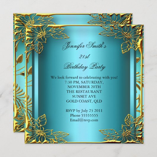 Invitation Elite Elegant Anniversaire Turquoise Or noir Damas (Devant / Derrière)