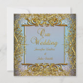 Invitation Elite Elégant Mariage Bleu Set Beige Or (Devant)