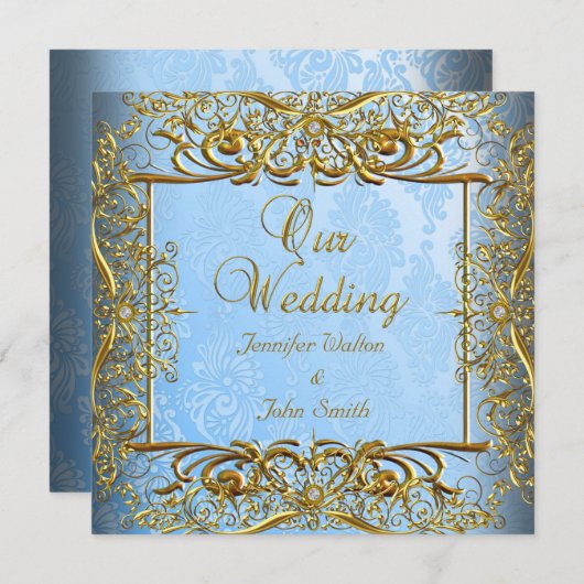 Invitation Elite Elégant Mariage Bleu Set Or (Devant / Derrière)