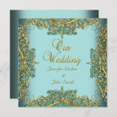 Invitation Elite Elégant Mariage Ornate Bleu Set Or (Devant / Derrière)