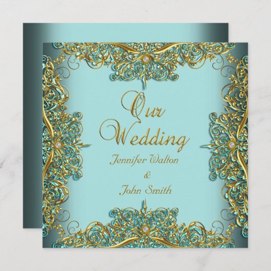 Invitation Elite Elégant Mariage Ornate Bleu Set Or (Devant / Derrière)