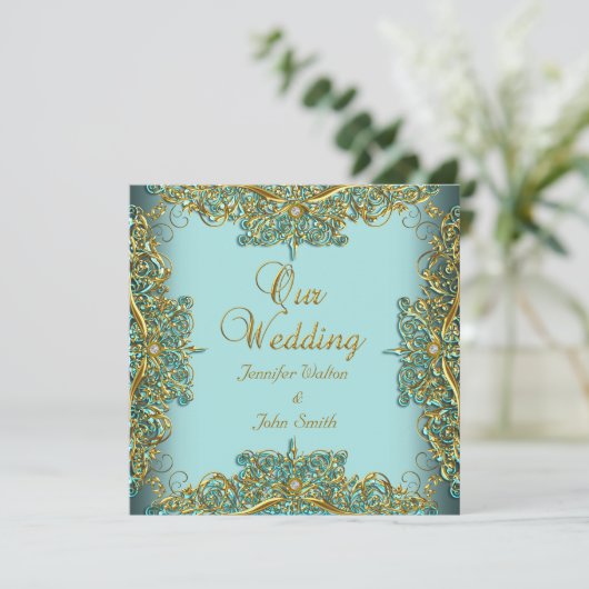 Invitation Elite Elégant Mariage Ornate Bleu Set Or (Debout devant)