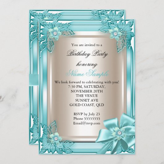 Invitation Elite Élégante fête d'anniversaire Turquoise Cream (Devant / Derrière)