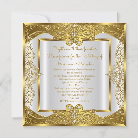 Invitation Elite Mariage Or perles blanches Cadres dorés (Dos)