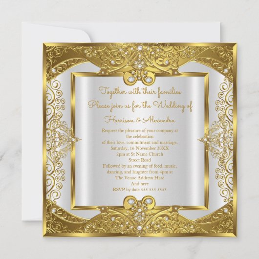 Invitation Elite Mariage Or perles blanches Cadres dorés (Dos)