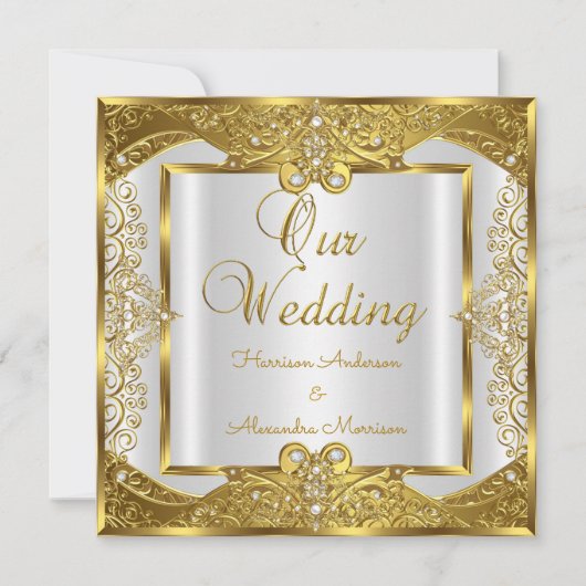 Invitation Elite Mariage Or perles blanches Cadres dorés (Devant)