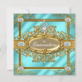 Invitation Elite Quinceanera bleu Turquoise Or Damask 15e (Devant)