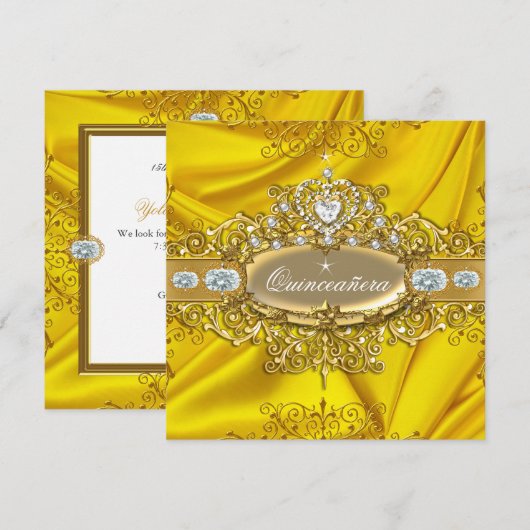 Invitation Elite Quinceanera Jaune Soie Jaune Soie Silver Gol (Devant / Derrière)