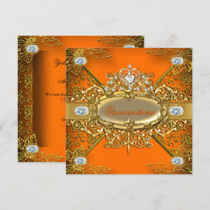 Invitation Élite Quinceañera Or et Orange Damassé Fête des 15