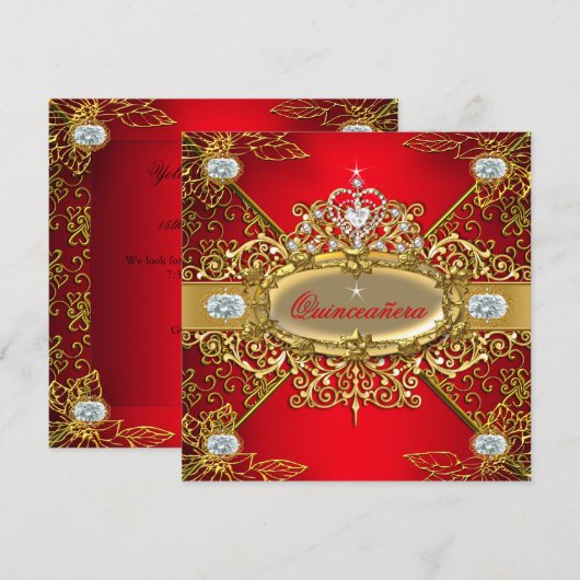 Invitation Elite Quinceanera Regal Red Gold Damask 15e Parti (Devant / Derrière)