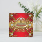 Invitation Elite Quinceanera Regal Red Gold Damask 15e Parti (Debout devant)