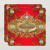 Invitation Elite Quinceanera Regal Red Gold Damask 15e Parti (Devant / Derrière)