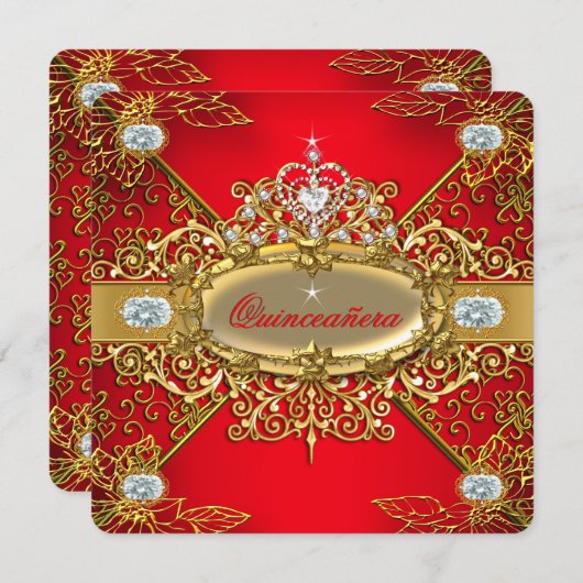 Invitation Elite Quinceanera Regal Red Gold Damask 15e Parti (Devant / Derrière)