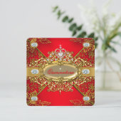 Invitation Elite Quinceanera Regal Red Gold Damask 15e Parti (Debout devant)