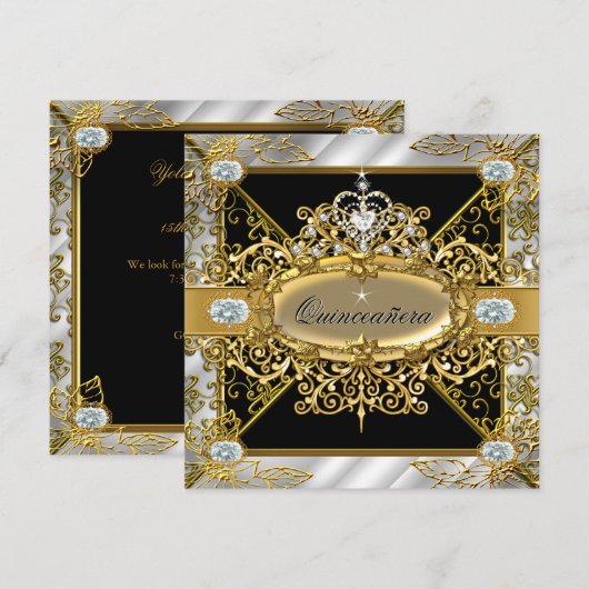 Invitation Elite Quinceanera Silver Gold Black Damask 15e (Devant / Derrière)