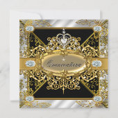 Invitation Elite Quinceanera Silver Gold Black Damask 15e (Devant)