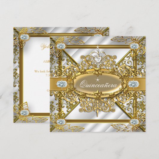 Invitation Elite Quinceanera Silver Gold Damask 15e anniversa (Devant / Derrière)