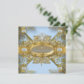 Invitation Elite Quinceanera Soft Blue Gold Damask 15e (Debout devant)