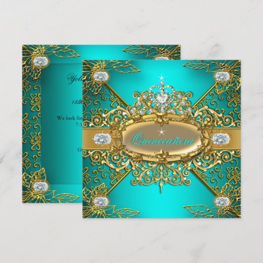 Invitation Elite Quinceanera Turquoise Blue Gold Damask 15e P (Devant / Derrière)