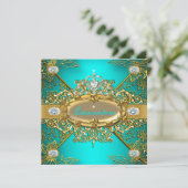 Invitation Elite Quinceanera Turquoise Blue Gold Damask 15e P (Debout devant)