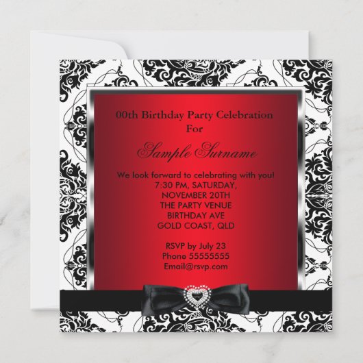 Invitation Elite Red Damask Silver Black White Anniversaire P (Dos)